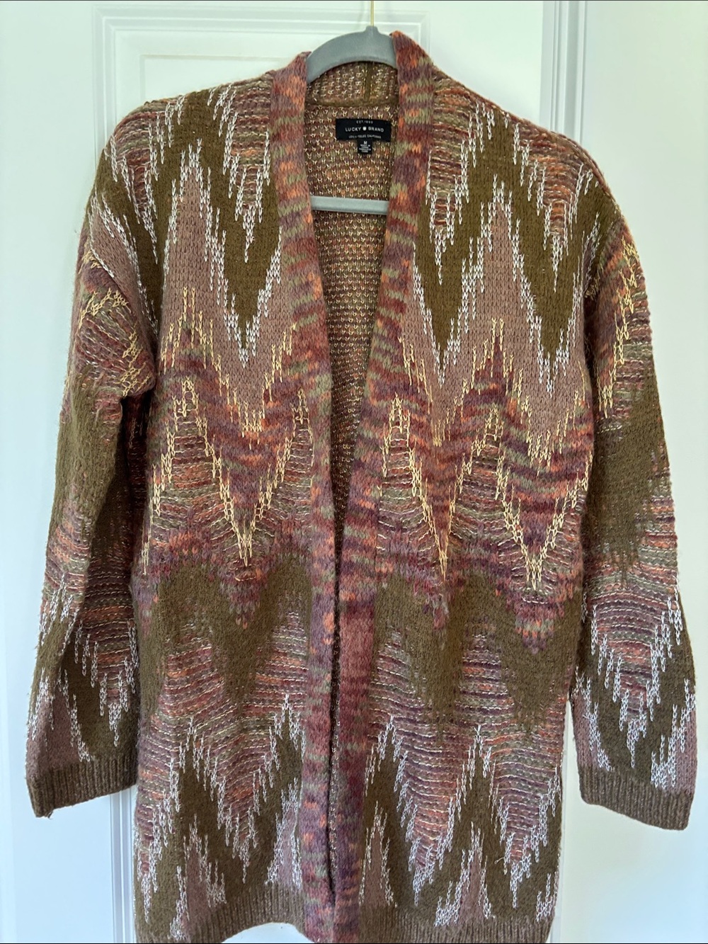 Lucky Brand Women's Open-Front Olive & Mauve Patterned Cardigan Sweater